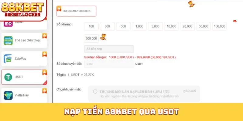 Nạp tiền 88KBET qua USDT